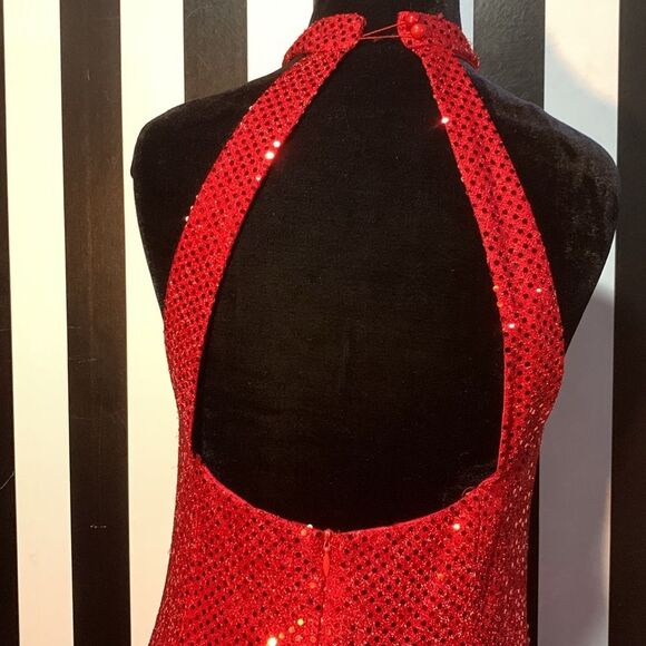 Sexy Retro Vintage 90s Red Sequin Floor Length Formal Gown Halter Neck Leg Slit - Picture 12 of 16
